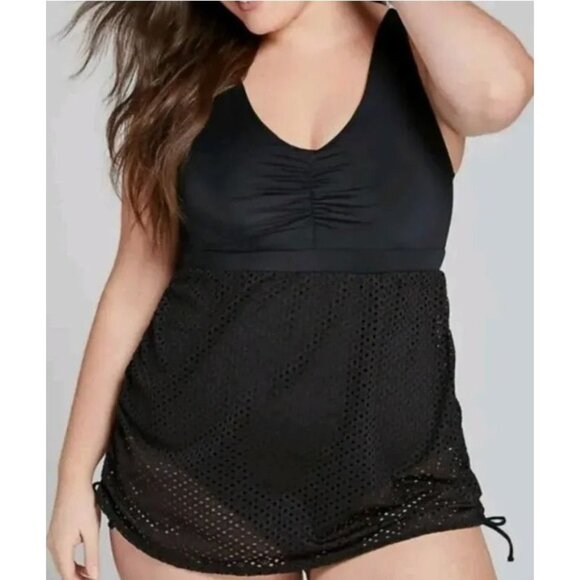 SWIM BY CACIQUE Size‎ 24 Black Crochet NO-WIRE One-Piece Swim Dress Swimsuit - Picture 1 of 14